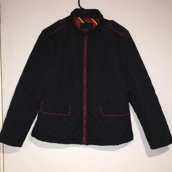 Talbots Petite Quilted black jacket w/ red piping full zip satin lined Sz Large - Picture 1 of 8